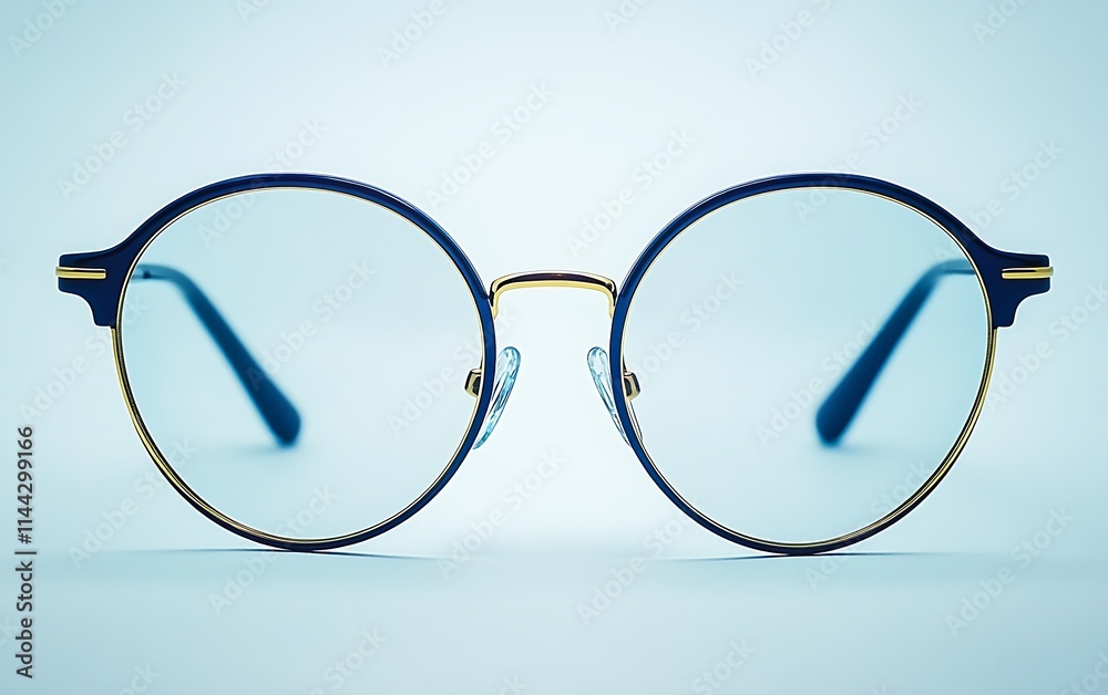 Fototapeta premium Round eyeglasses with blue tint lenses and gold accents on a light blue background.