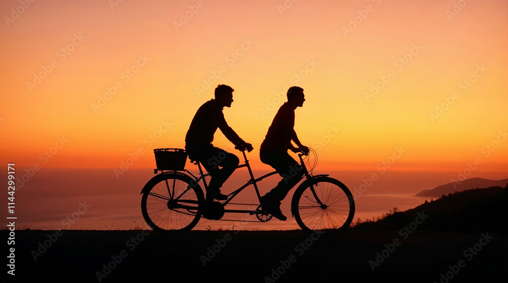 Fototapeta premium Dos ciclistas en bicicleta tándem al atardecer