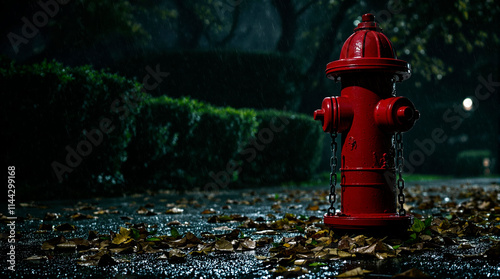 Winter Night Ambiance with Fire Hydrant, Snowflakes, and Silhouetted Trees photo