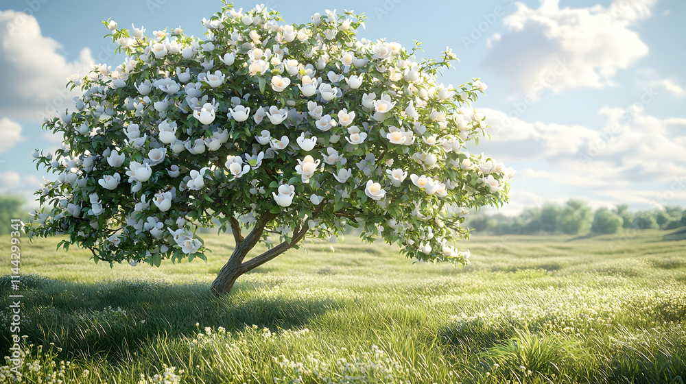 Blooming white flower tree in a sunny field. Blooming white flower tree in a sunny field.
