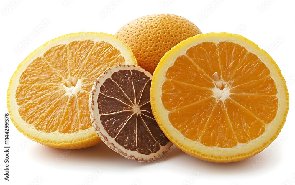 Fototapeta premium Two fresh orange halves and one dried orange slice isolated on white background.