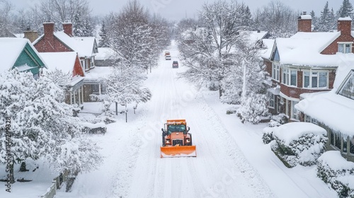 Snowy Neighborhood Street with Snow Plow Clearing Winter Scene