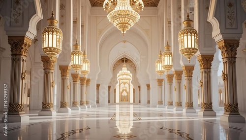 Grand Mosque Interior Architectural Splendor and Golden Elegance photo