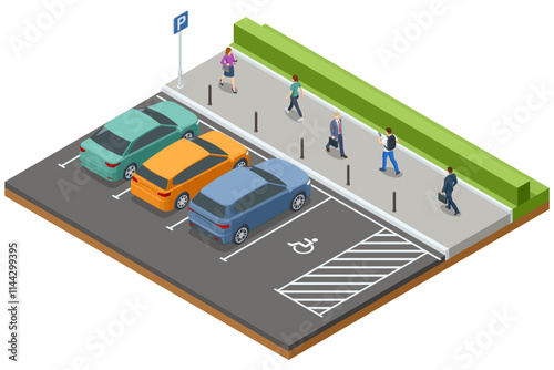 Isometric illustration of a parking lot with regular parking spaces and a designated handicap spot. Pedestrians are walking along a pathway with a green hedge in the background