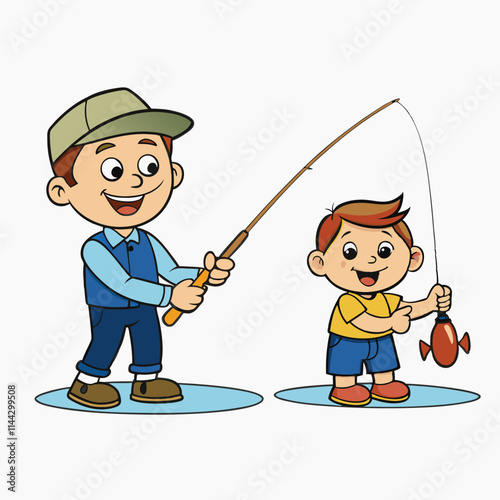 father and son fishing on a white background