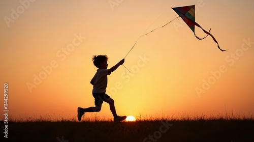 Niño volando una cometa al atardecer