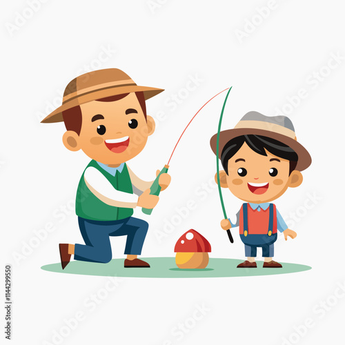 father and son fishing on a white background