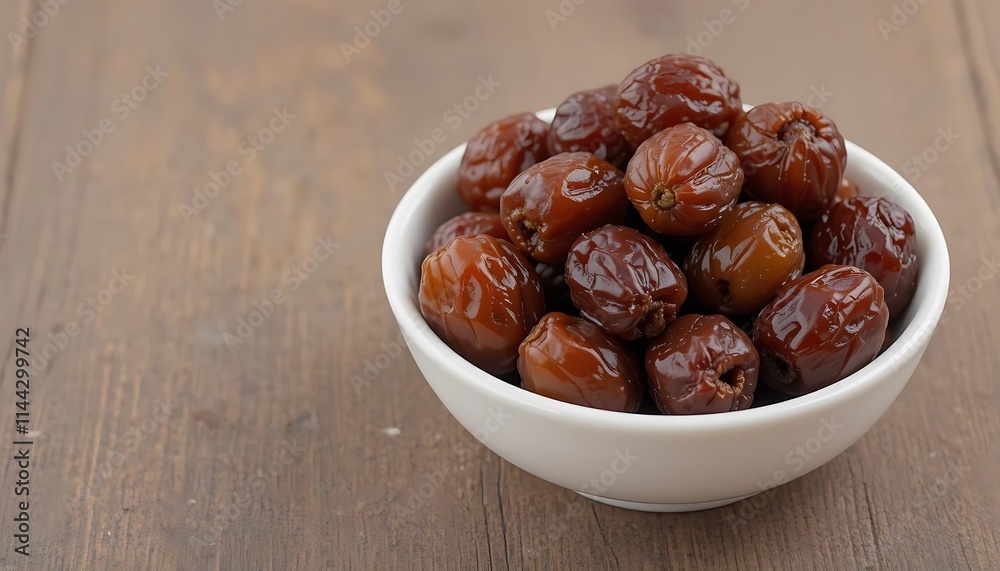 Sweet Dried Jujube Fruits in a White Bowl on Rustic Wooden Table Sweet Dried Jujube Fruits in a White Bowl on Rustic Wooden Table