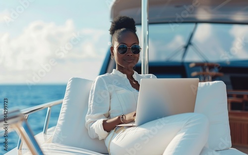 Black woman working on laptop on a yacht. Workation concept, professional digital nomad, flexible travel productivity, adventure, location independent, remote mobile office, exploring balance, getaway