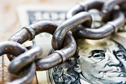 Rusted chain on dollar bill, representing financial constraints and economic control.