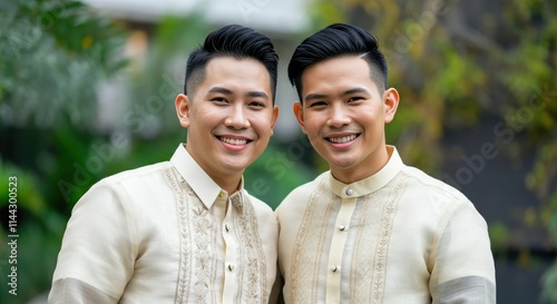 Traditional filipino attire portrait of young asian men smiling outdoors photo