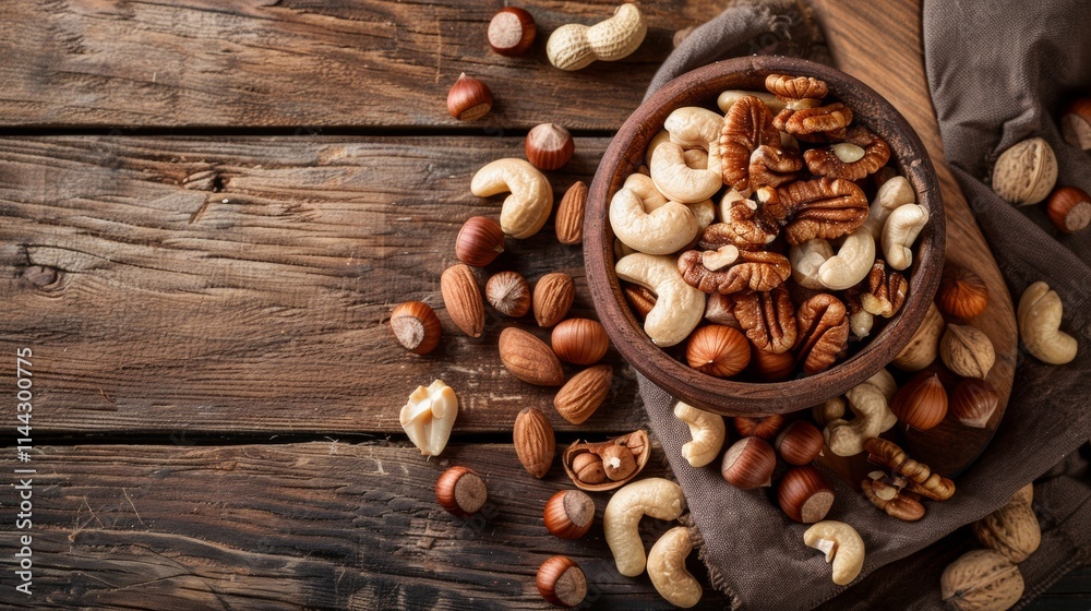 Assorted nuts and seeds in a rustic wooden bowl Assorted nuts and seeds in a rustic wooden bowl
