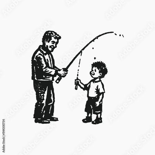 little kid fishing with father and feel happy. Fisherman with fish catch cartoon. Family enjoying fishing. Cartoon little boy catching fish. Flat vector illustration