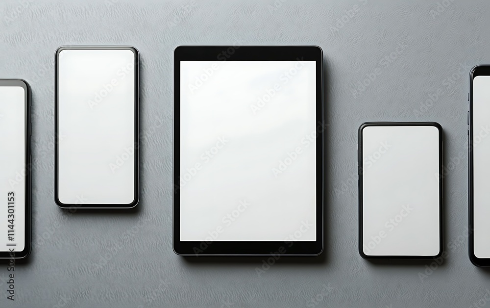 Four smartphones and a tablet with blank screens arranged on a grey background. Four smartphones and a tablet with blank screens arranged on a grey background.