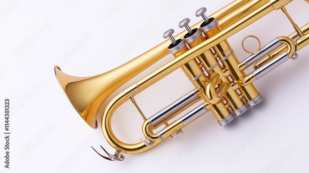 A close-up view of a shiny brass trumpet showcasing its valves and bell against a white background.