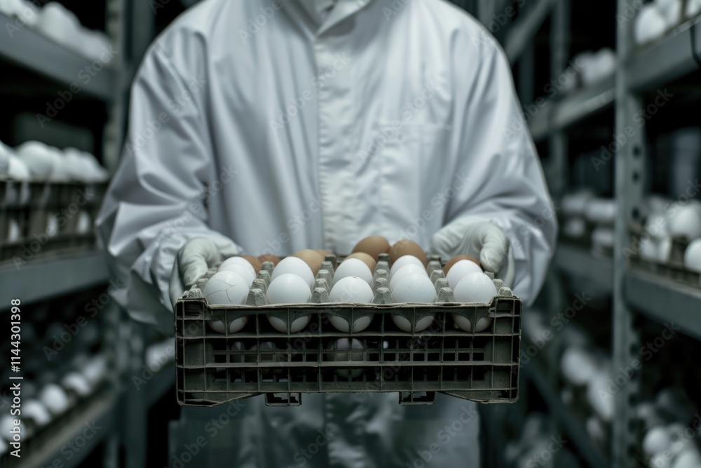 Obraz premium Veterinarian holding crate of eggs in factory