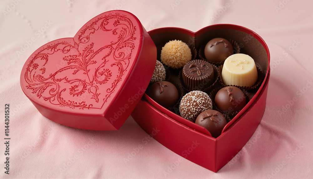 Assorted chocolates in red heart-shaped gift box on pink background Assorted chocolates in red heart-shaped gift box on pink background