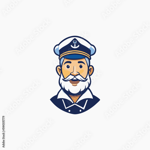 Mustache bearded sailor icon. Maritime skipper emblem. Vintage nautical seafarer symbol.