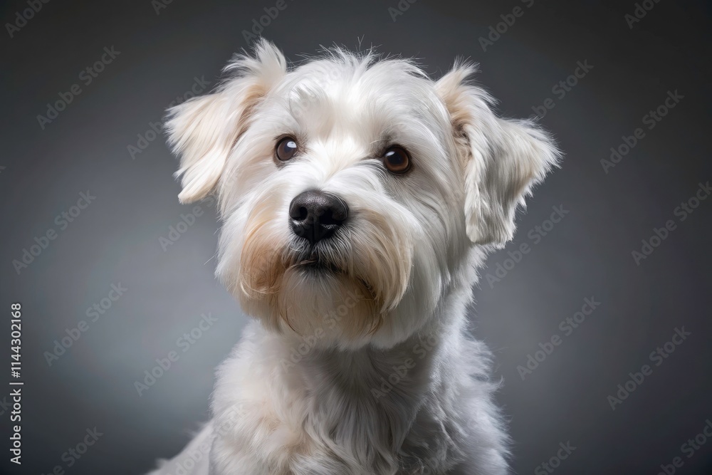 Fluffy White Terrier Dog, Adorable Puppy, Gray Background, Pet Portrait, Cute Dog Photo, White Dog Breed, Small Dog, Looking Up, Dog Photography