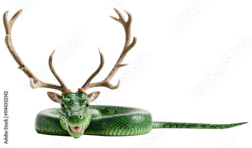 Happy green snake wearing wooden reindeer antlers. Snake laying on a white isolated background. Symbol of 2025 year.
