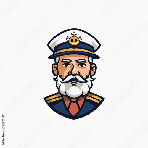 Boat charter captain logo. Mustache bearded sailor icon. Maritime skipper emblem. vector cartoon illustration isolated on white background