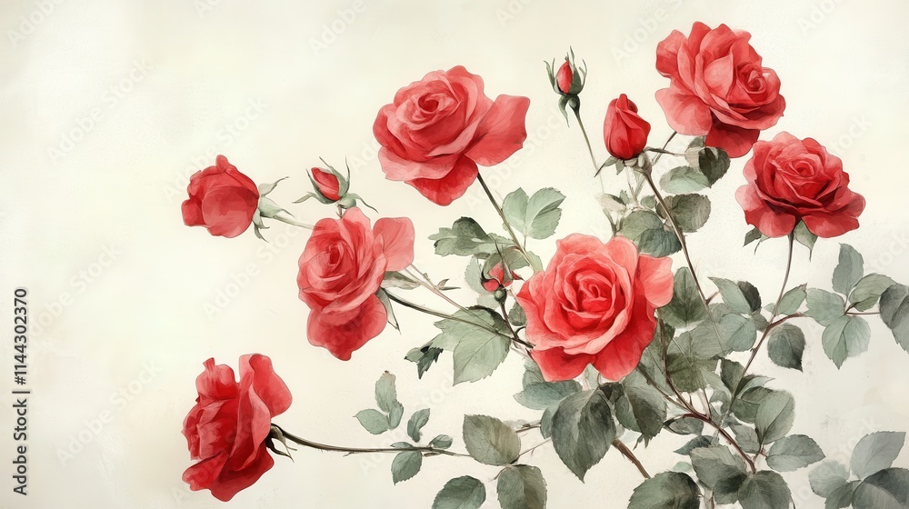 Obraz premium Watercolor Painting of Red Roses and Greenery