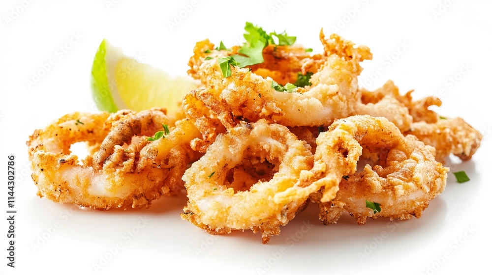 Calamari Rings: Fried calamari rings with a crispy golden coating, isolated against a bright white background. Calamari Rings: Fried calamari rings with a crispy golden coating, isolated against a bright white background.