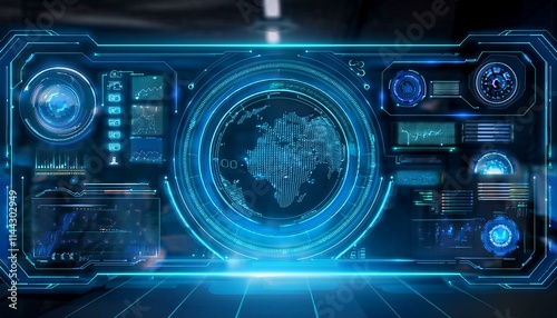 Global Network Interface: Futuristic holographic display showcasing a world map with intricate data visualizations. A captivating image for technology, innovation, and global connectivity.