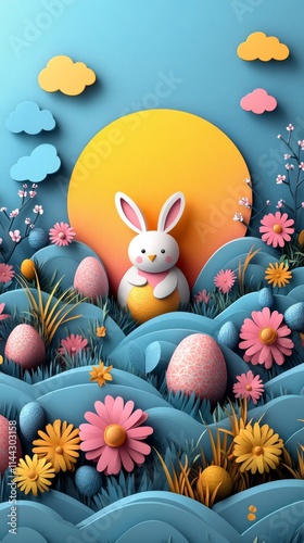 create paper cut style vector ester day card flat design, with leaving room for overlaying ad text