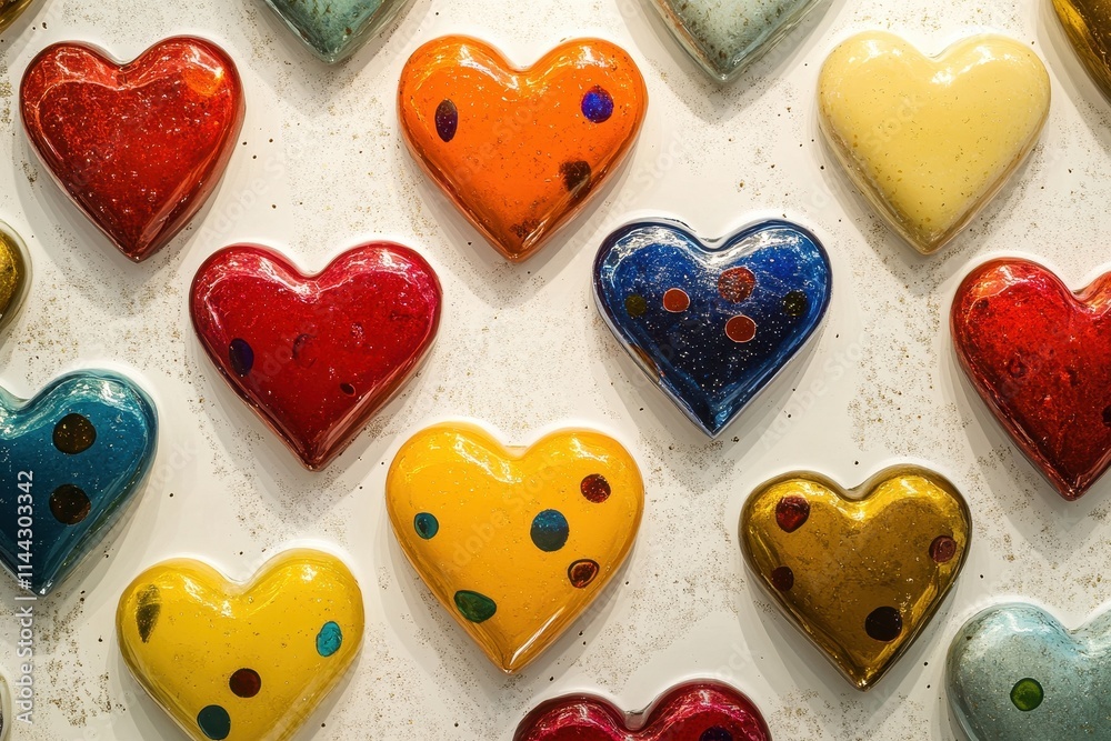 Obraz premium Colorful Glass Hearts Arranged On A White Background