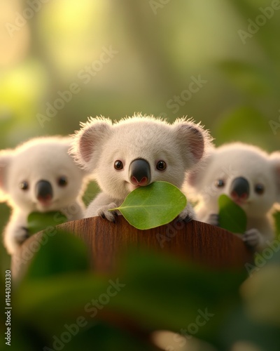 Three adorable baby koalas eating leaves in a wooden bowl. photo