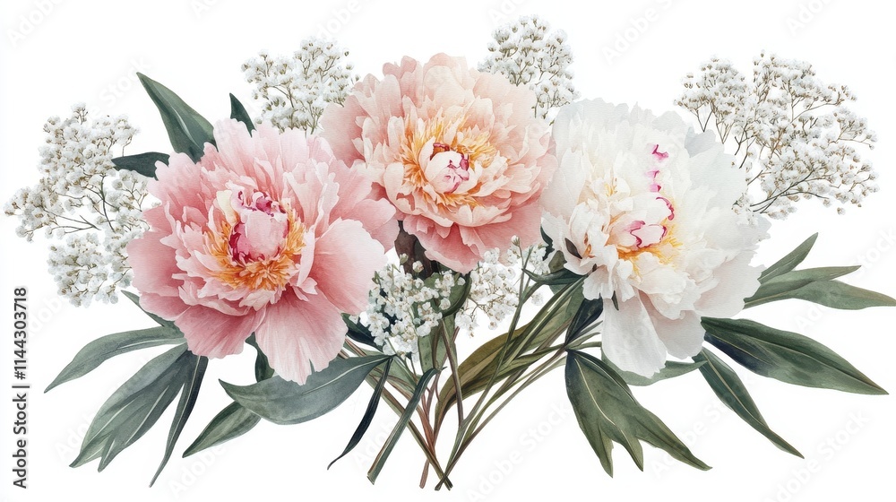 Elegant Bouquet of Pink and White Peonies with Baby Breath Elegant Bouquet of Pink and White Peonies with Baby Breath