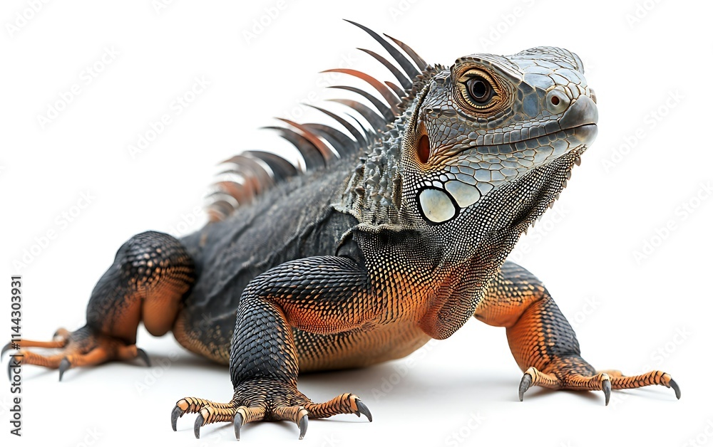 Obraz premium A vibrant green iguana, isolated on white background, showcasing its detailed scales and textures.