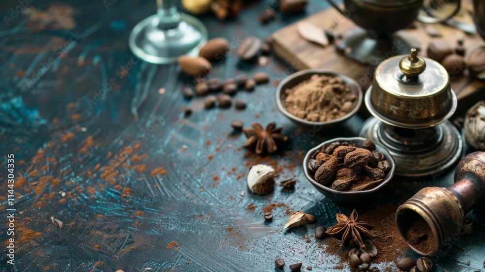 Aromatic spices and herbs on a textured dark background Aromatic spices and herbs on a textured dark background