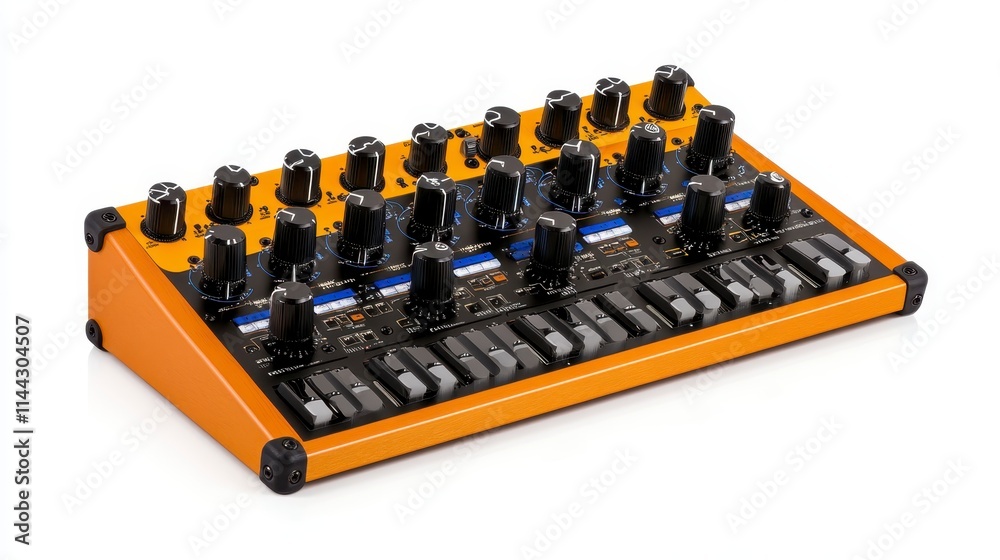 A vibrant orange audio mixer with multiple knobs and sliders, designed for sound manipulation and control in music production. A vibrant orange audio mixer with multiple knobs and sliders, designed for sound manipulation and control in music production.