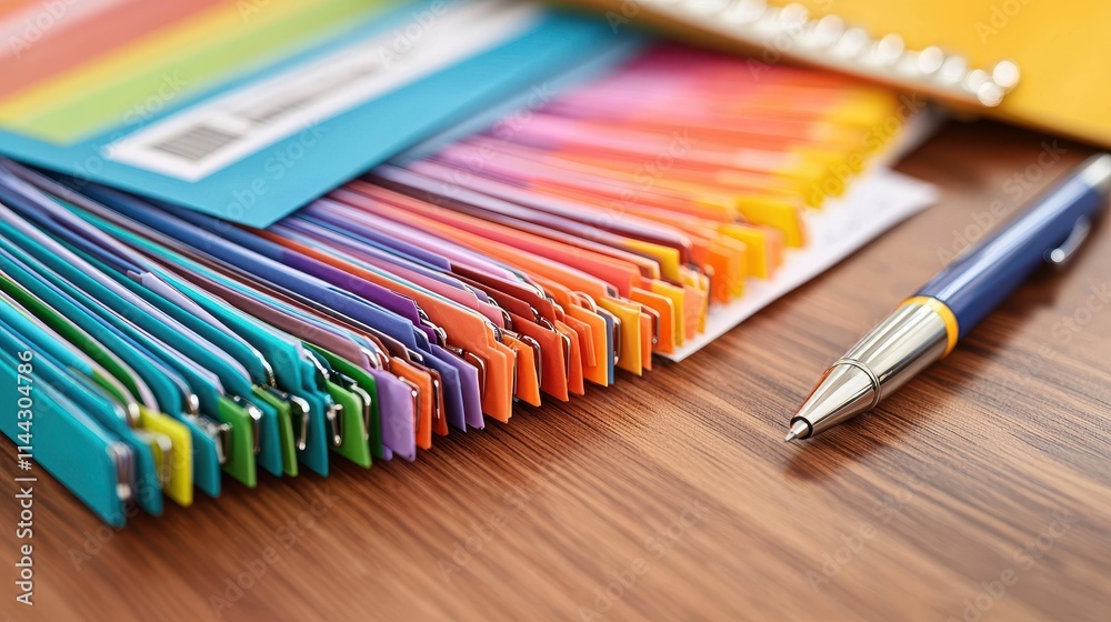 Fototapeta premium Colorful File Folders and Pen on Wooden Desk with Stationery Supplies in Office