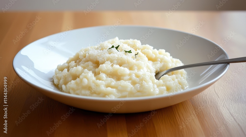 Creamy Risotto Served in Bowl with Parmesan and Fresh Herbs on Wooden Table Creamy Risotto Served in Bowl with Parmesan and Fresh Herbs on Wooden Table