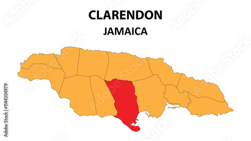 Clarendon Map is highlighted on the Jamaica map with detailed state and region outlines. photo