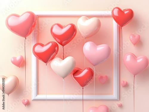 Heart shaped balloons float near a white frame