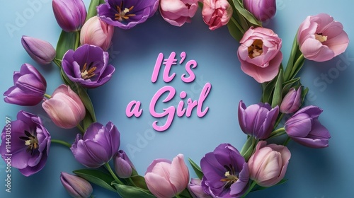 Pink and purple tulips & peonies arranged in a circle on a blue background, with 