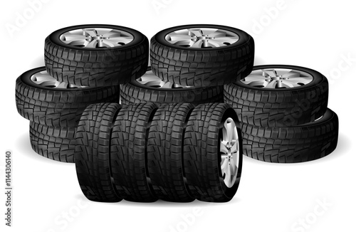 Winter tire stack. Car wheel rubber close-up, vector. Seasonal tire hip, radial profile rubber. Quality automobile transport service industry. Vehicle maintenance workshop, safety driving