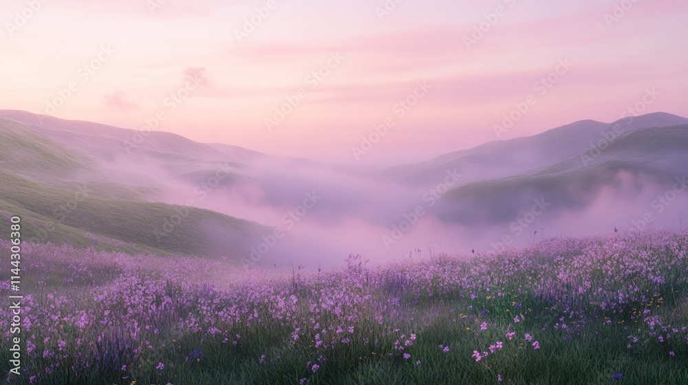 A serene landscape featuring rolling hills covered in pink flowers and mist at dawn.