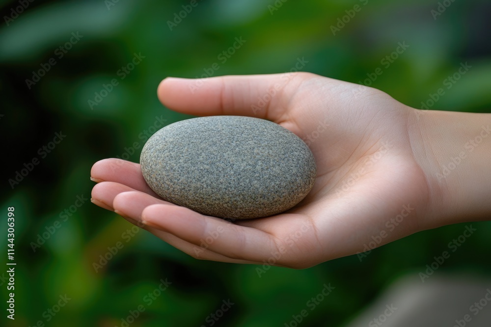 A child's hand gently cradles a smooth, grey river stone against a blurred green background. A child's hand gently cradles a smooth, grey river stone against a blurred green background.