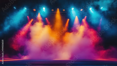 A dramatic stage setting bathed in vibrant pink and blue spotlights.