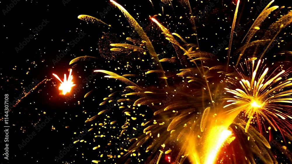 Efecto de explosión de fuegos artificiales de partículas bokeh de oro. Noche. Fiesta. Año nuevo