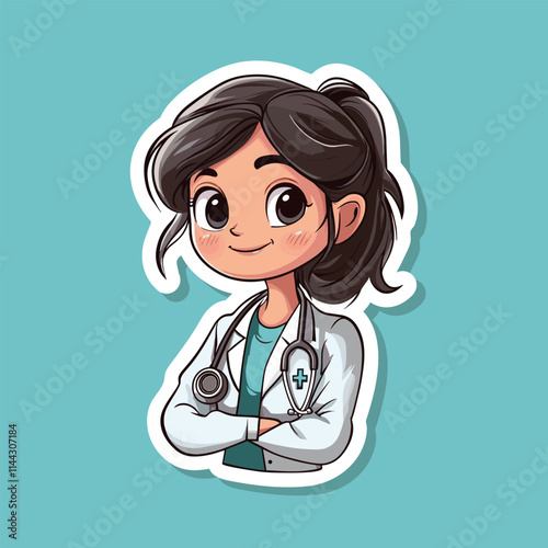 A vector woman female in glasses doctor with a stethoscope around his neck sticker. Surgeon, doctor, nurse. Conceptual illustration, hospital medical team, poster. Vector template for design