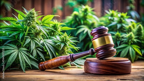 Cannabis Legalization Debate: Gavel & Marijuana Plants - Stock Photo
