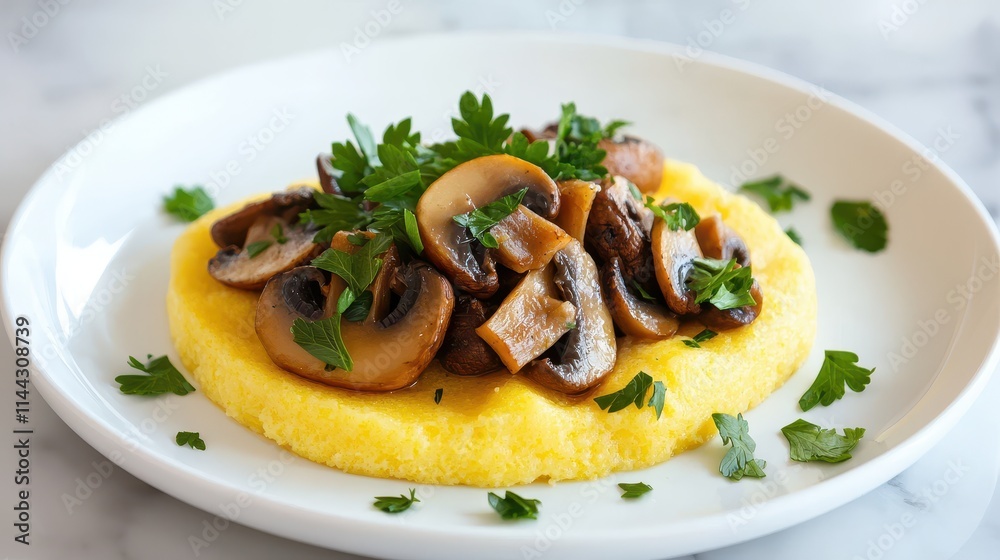 Creamy Polenta with Sautéed Mushrooms and Fresh Parsley Garnish Creamy Polenta with Sautéed Mushrooms and Fresh Parsley Garnish