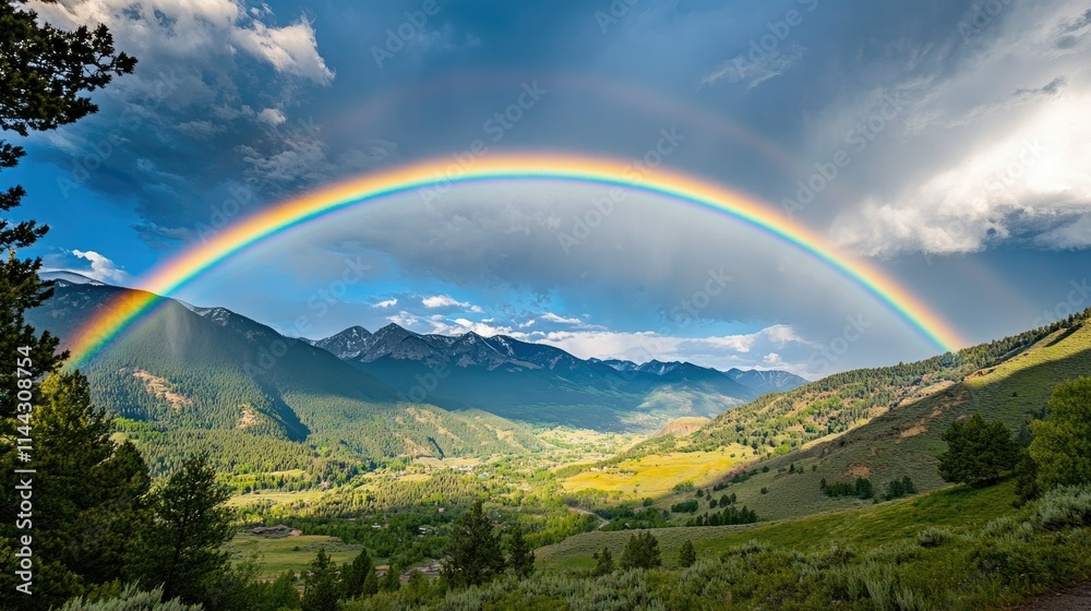 A colorful rainbow crossing a serene mountain landscape after a passing storm A colorful rainbow crossing a serene mountain landscape after a passing storm