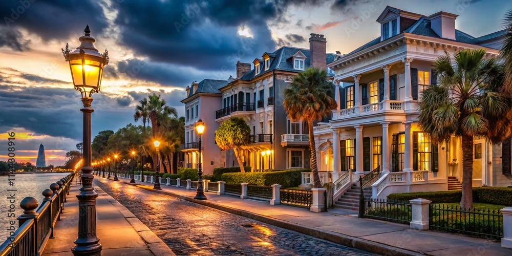 Obraz premium Charleston Antebellum Waterfront Night Photography - East Battery Street Historic Homes